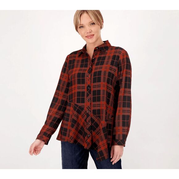 Susan Graver Women 3X Printed Stretch Woven Button Front Top Red Black Plaid NWT - Picture 1 of 2